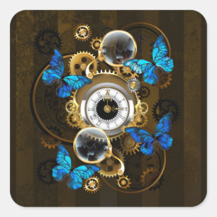 Steampunk Gears and Blue Butterflies Square Sticker