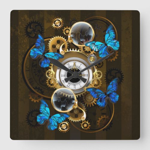 Steampunk Gears and Blue Butterflies Square Wall Clock