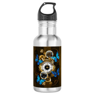 Steampunk Gears and Blue Butterflies Stainless Steel Water Bottle