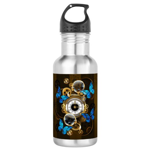 Steampunk Gears and Blue Butterflies Stainless Steel Water Bottle