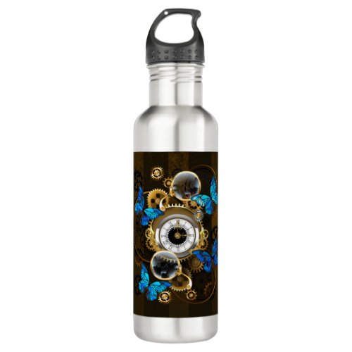 Steampunk Gears and Blue Butterflies Stainless Steel Water Bottle