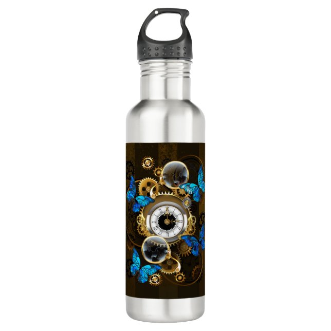 Steampunk Gears and Blue Butterflies Stainless Steel Water Bottle (Front)
