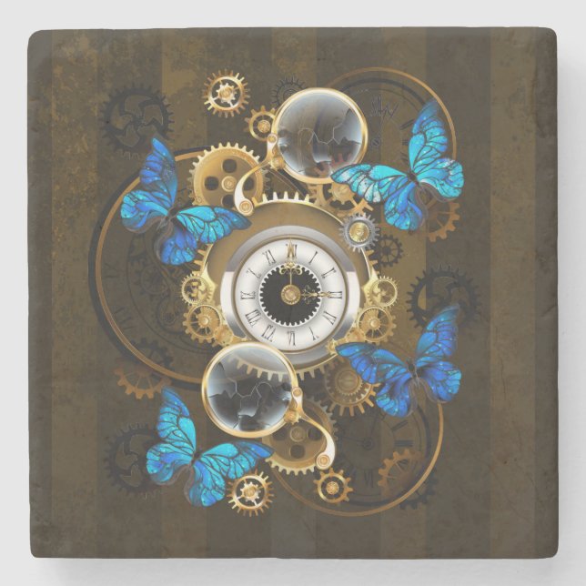 Steampunk Gears and Blue Butterflies Stone Coaster (Front)