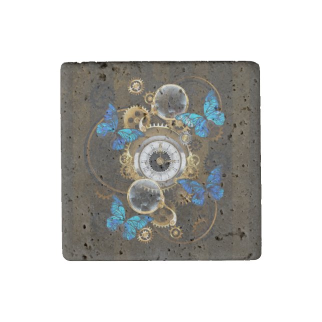 Steampunk Gears and Blue Butterflies Stone Magnet (Front)