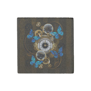 Steampunk Gears and Blue Butterflies Stone Magnet