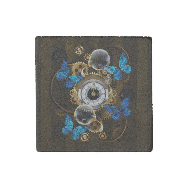 Steampunk Gears and Blue Butterflies Stone Magnet (Front)