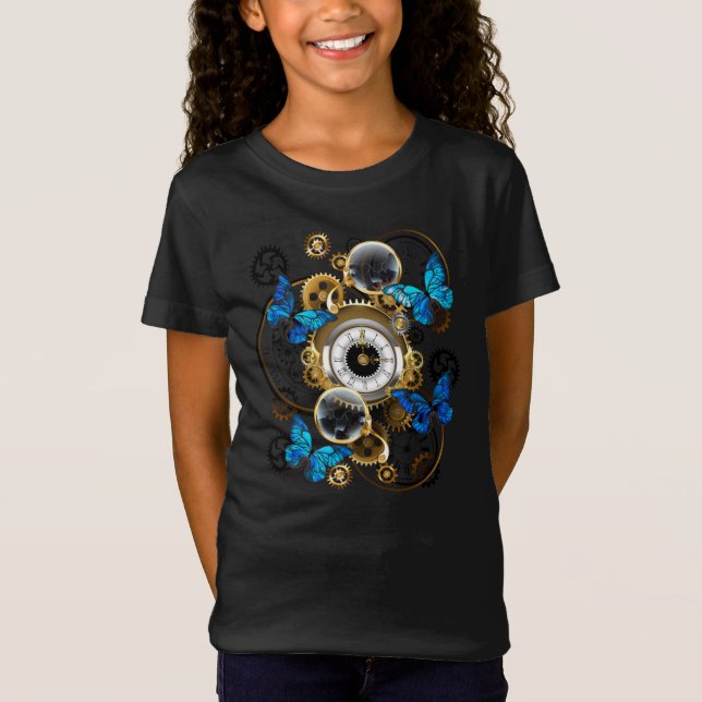Steampunk Gears and Blue Butterflies T-Shirt (Front)