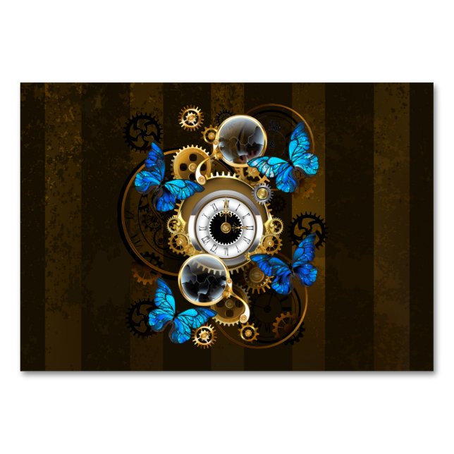 Steampunk Gears and Blue Butterflies Table Number (Front)