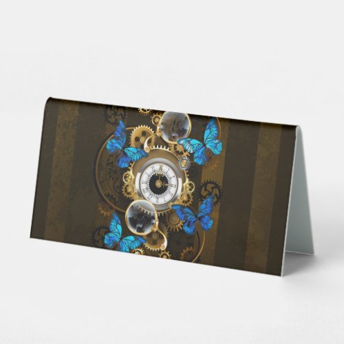 Steampunk Gears and Blue Butterflies Table Tent Sign