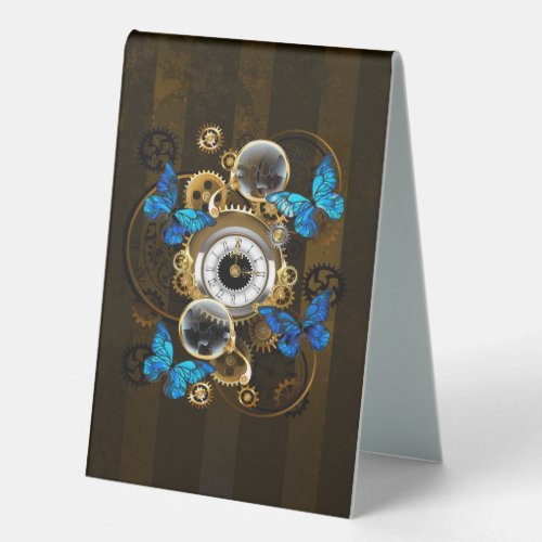 Steampunk Gears and Blue Butterflies Table Tent Sign