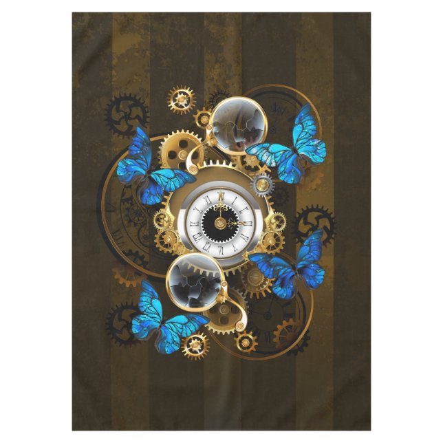 Steampunk Gears and Blue Butterflies Tablecloth (Front)