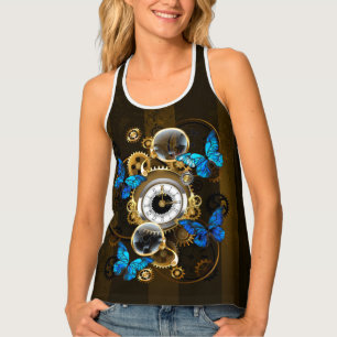 Steampunk Gears and Blue Butterflies Tank Top