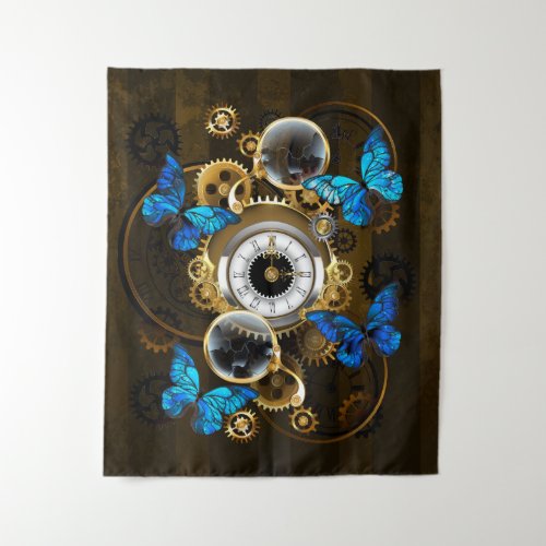 Steampunk Gears and Blue Butterflies Tapestry