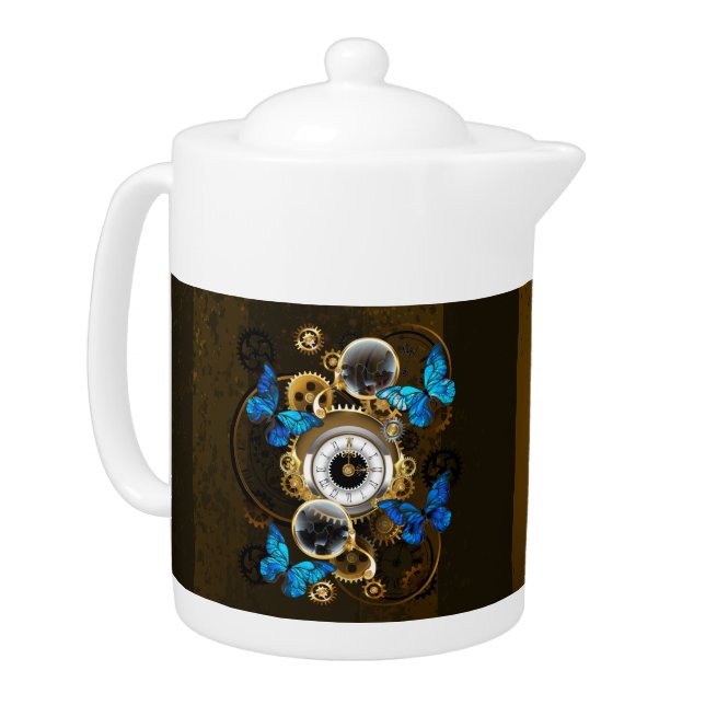 Steampunk Gears and Blue Butterflies Teapot (Left)