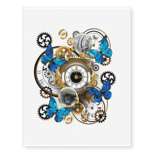 Steampunk Gears and Blue Butterflies Temporary Tattoos
