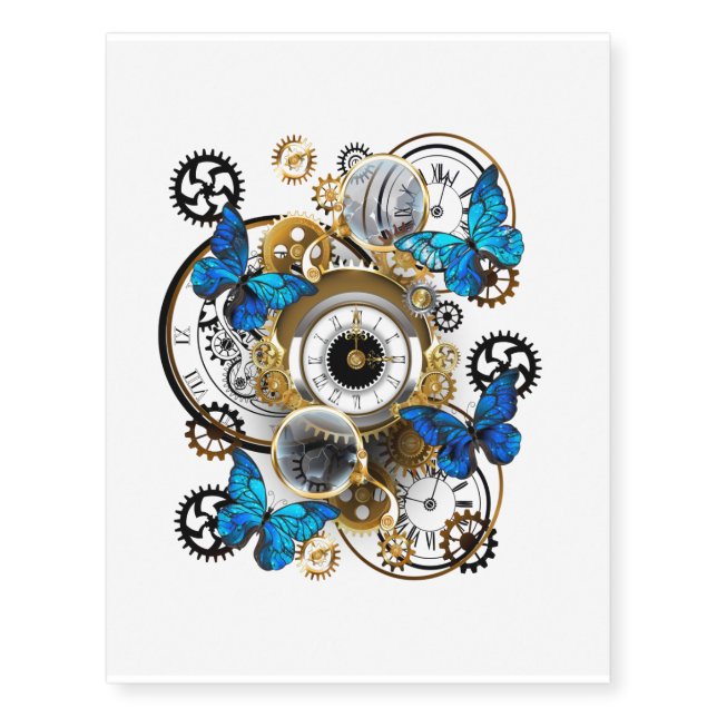 Steampunk Gears and Blue Butterflies Temporary Tattoos (Front)
