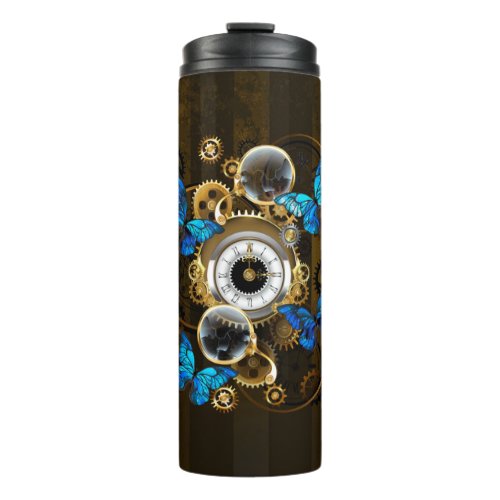 Steampunk Gears and Blue Butterflies Thermal Tumbler
