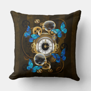 Steampunk Gears and Blue Butterflies Throw Pillow