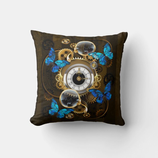 Steampunk Gears and Blue Butterflies Throw Pillow (Front)