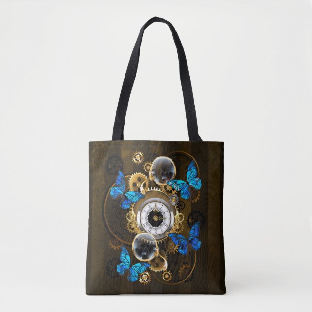 Steampunk Gears and Blue Butterflies Tote Bag (Front)