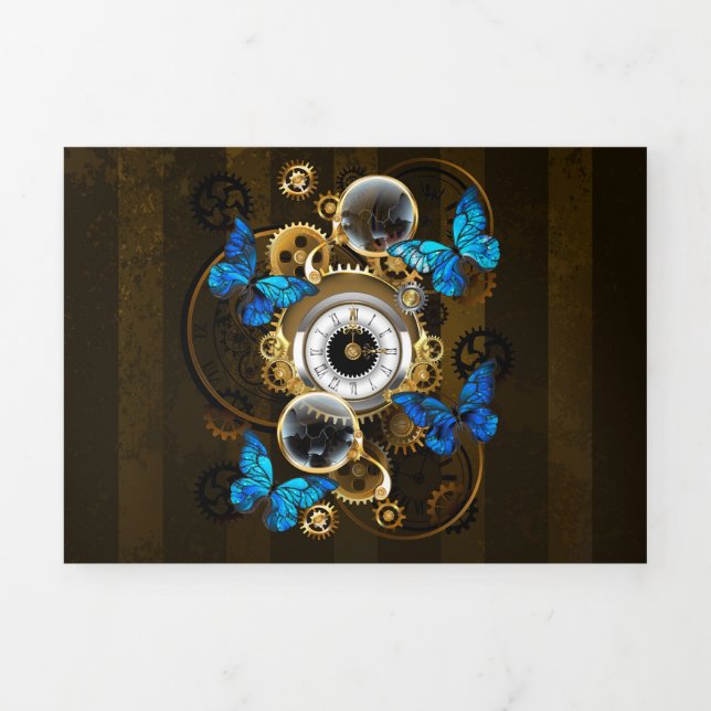 Steampunk Gears and Blue Butterflies Tri-Fold Announcement (Cover)