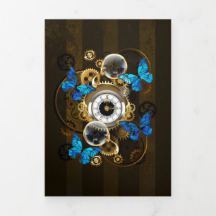 Steampunk Gears and Blue Butterflies Tri-Fold Card