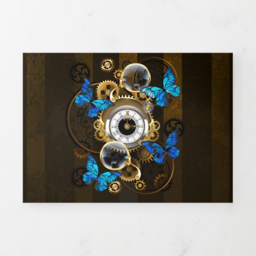 Steampunk Gears and Blue Butterflies Tri_Fold Holiday Card