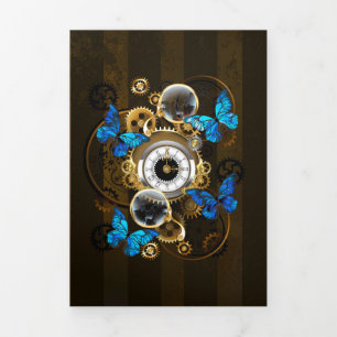 Steampunk Gears and Blue Butterflies Tri-Fold Invitation