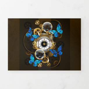 Steampunk Gears and Blue Butterflies Tri-Fold Invitation