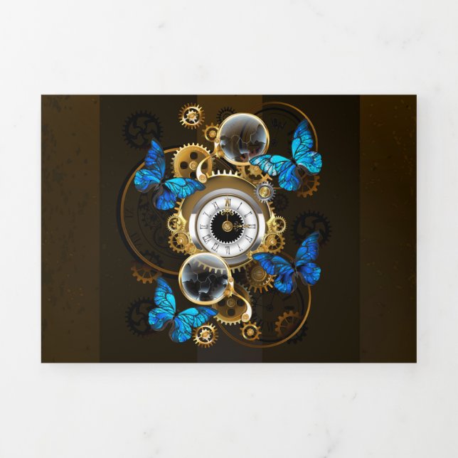 Steampunk Gears and Blue Butterflies Tri-Fold Invitation (Cover)