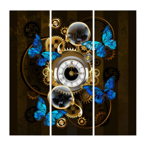 Steampunk Gears and Blue Butterflies Triptych