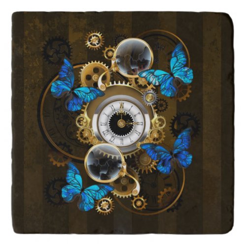 Steampunk Gears and Blue Butterflies Trivet