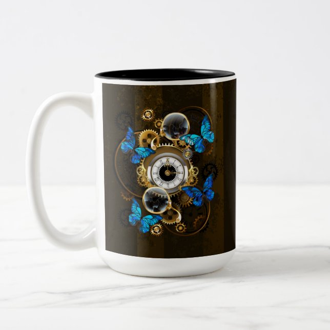 Steampunk Gears and Blue Butterflies Two-Tone Coffee Mug (Left)