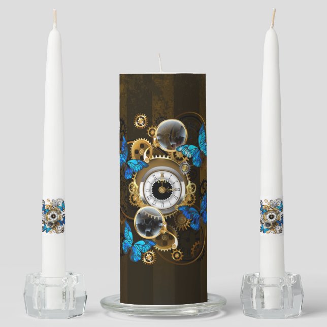 Steampunk Gears and Blue Butterflies Unity Candle Set (Front)