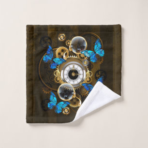 Steampunk Gears and Blue Butterflies Wash Cloth