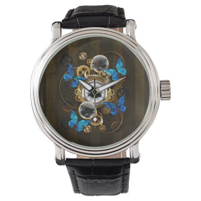 Steampunk Gears and Blue Butterflies Watch (Front)
