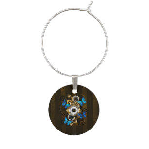 Steampunk Gears and Blue Butterflies Wine Charm