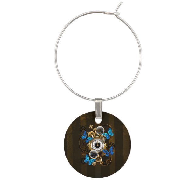 Steampunk Gears and Blue Butterflies Wine Charm (Front)