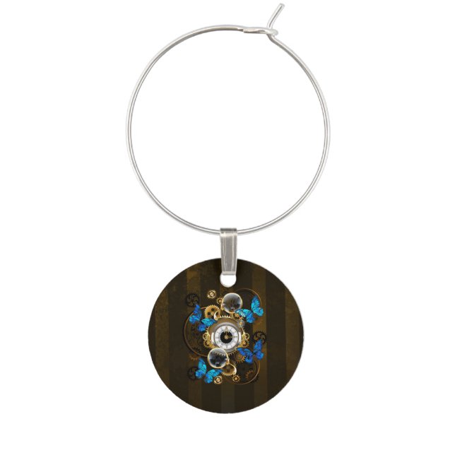 Steampunk Gears and Blue Butterflies Wine Charm (First Charm)