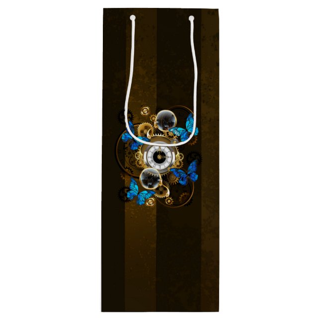 Steampunk Gears and Blue Butterflies Wine Gift Bag (Front)