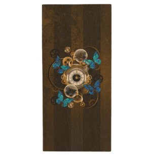 Steampunk Gears and Blue Butterflies Wood Flash Drive