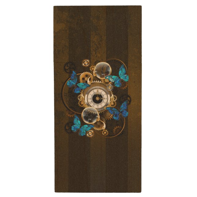 Steampunk Gears and Blue Butterflies Wood Flash Drive (Front Vertical)
