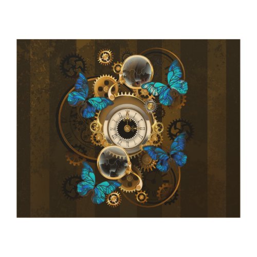 Steampunk Gears and Blue Butterflies Wood Wall Art