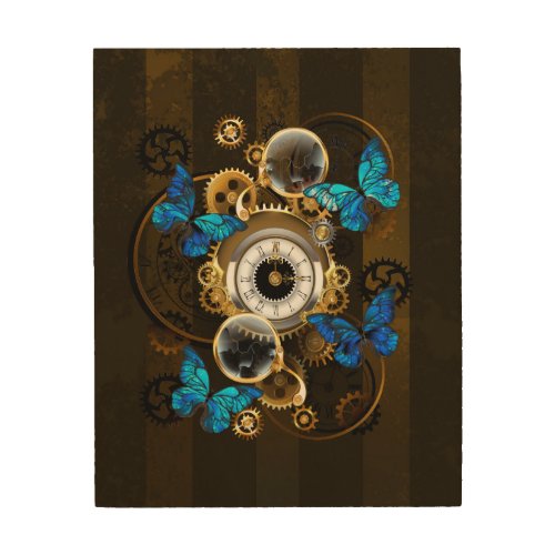 Steampunk Gears and Blue Butterflies Wood Wall Art