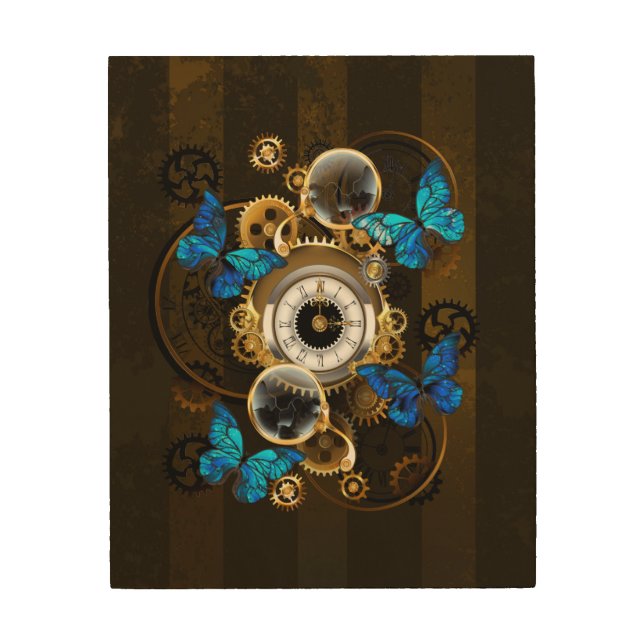 Steampunk Gears and Blue Butterflies Wood Wall Art (Front)