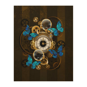 Steampunk Gears and Blue Butterflies Wood Wall Art