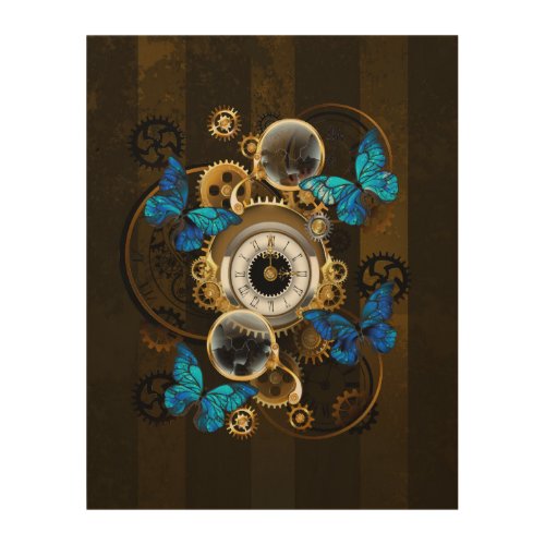 Steampunk Gears and Blue Butterflies Wood Wall Art