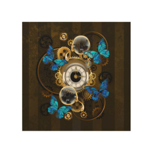 Steampunk Gears and Blue Butterflies Wood Wall Art
