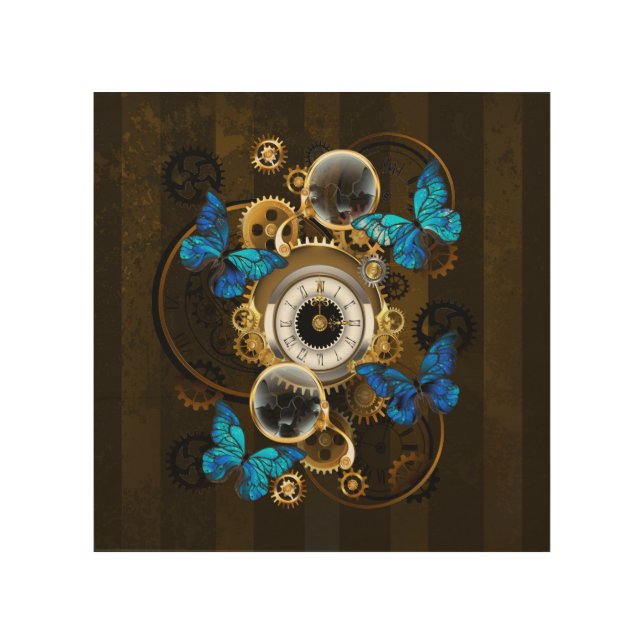 Steampunk Gears and Blue Butterflies Wood Wall Art (Front)