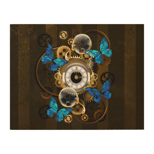 Steampunk Gears and Blue Butterflies Wood Wall Art